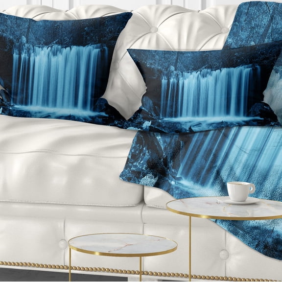 Designart Waterfalls in Wood Black and White - Landscape Printed Throw Pillow - 12x20