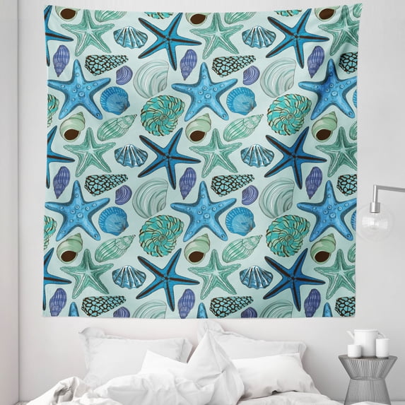 Starfish Tapestry, Aquarium Inspired Composition Tropical Seashells and Scallops Cockles and Clams, Fabric Wall Hanging Decor for Bedroom Living Room Dorm, 5 Sizes, Multicolor, by Ambesonne