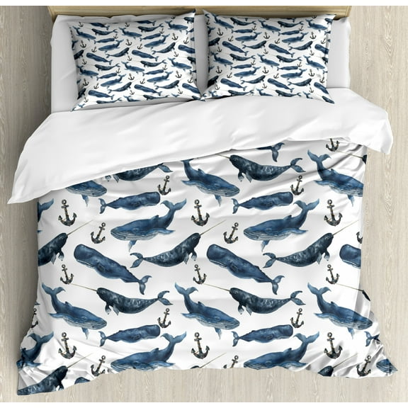 Narwhal Duvet Cover Set King Size, Aquarelle Whales with Anchors Marine Biology Illustration Brush Stroke, Decorative 3 Piece Bedding Set with 2 Pillow Shams, Dark Blue Navy Blue, by Ambesonne