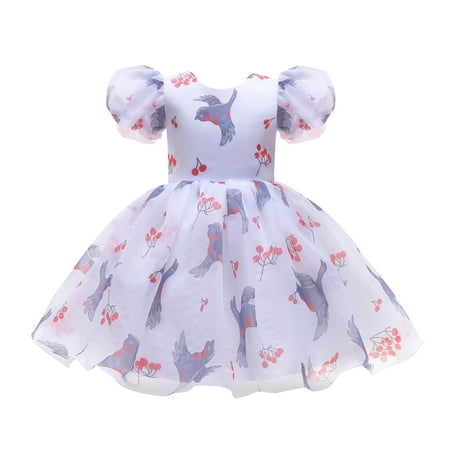 

28Y Princess Party Clothes Print Girls Dress Bubble Kids Patchwork Toddler Tulle Sleeve Girls Dresses