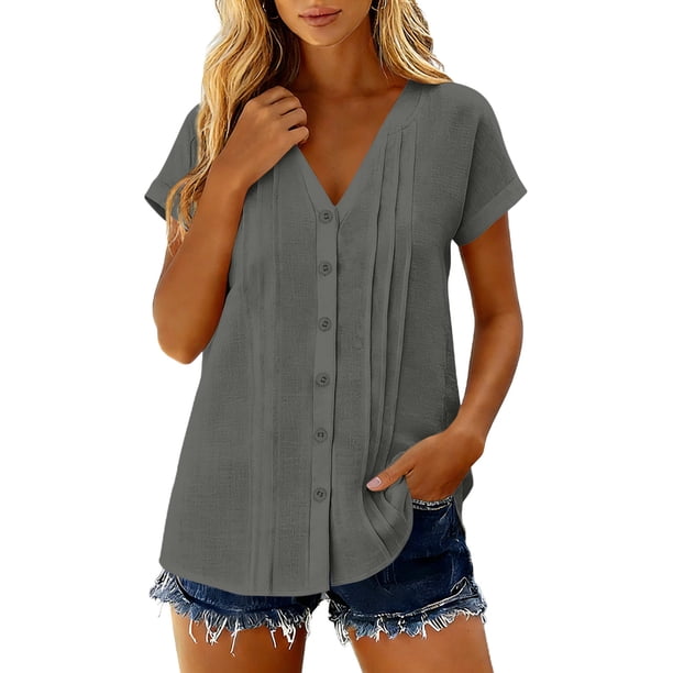 Camisetas de Manga Corta Extra Larga para las Mujeres con Cuello en V Botón Placa con Cuello Blusa de Túnica, Camisa de Manga Larga Azul Claro Mujeres