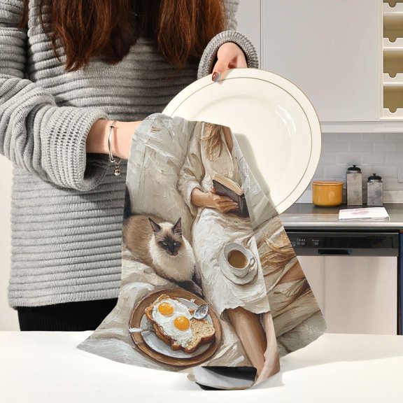 BZSMCE Kitchen Towels Creative Girl and Cat Pattern Durable Kitchen Towel