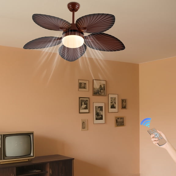 52" Modern Brown Tropical Ceiling Fan Light Retractable 5 Palm Leaf Blades with Remote Contro for Bedroom