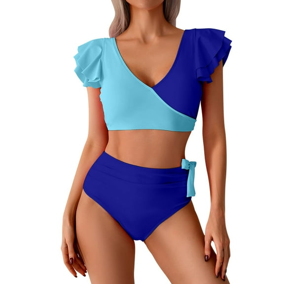 Busydd Swimsuit for Women Trendy 2 Piece Bikini Set Color Block High Waisted Bathing Suit Deep V Neck Ruffle Swim Suits with Briefs