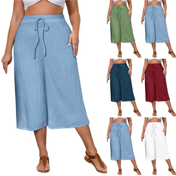 Bloomae Women's Plus Size Wide Leg Capri Pants Loose Comfy Drawstring Elastic High Waist Baggy Lounge Cropped Culottes Lightweight Summer Casual Palazzo Capris Pants with Pockets