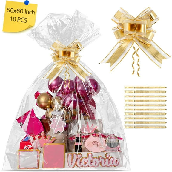 Extra Large Cellophane Bags for Gift Baskets 50x60 Inches, With 10 Gold Ribbons Jumbo Big Clear Basket Bags Cellophane Wrapping OPP Plastic Cellophane Wrap 10 Pieces Clear large bags(Gold Ribbon)