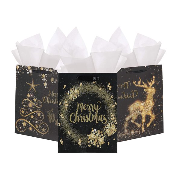 Sacs de Noël Élégants Haut de Gamme Noir et Or Scintillants Assortis Ensemble de 12-6 Sacs Moyens et 6 Grands Sacs-Cadeaux en 4 Modèles Chics