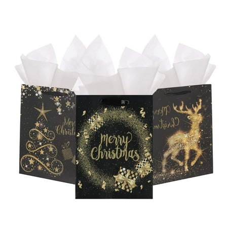 Premium Elegant Christmas Bags Black and gold glittered Assorted Set of 12 with 6 Medium Bags and 6 Large gift Bags in 4 classy Designs
