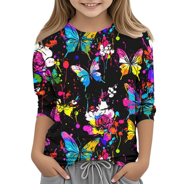 COM1950s Chemises pour Filles, Enfants Mode Carnaval Femme Col Rond T-Shirt Imprimé Manches 3/4 Blouse