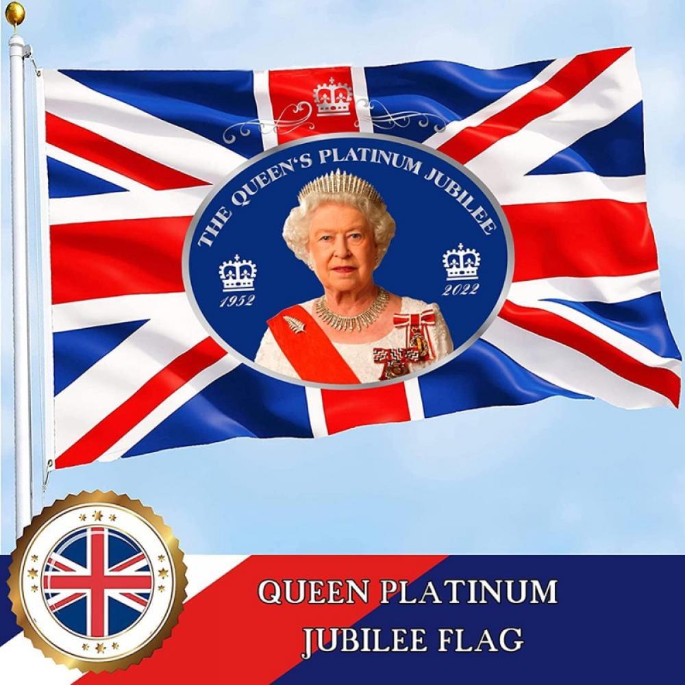 Her Majesty's Crown Flag Decorations 2022 picture A Queens Platinum Jubilee Union Jack Flag Featuring Her Majesty The Queen British Decorations 5ft X 3ft Queen Platinum Jubilee Flag
