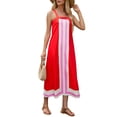 thumbnail image 2 of Women Bohemian Floral Dress Summer Casual Color Block Maxi Beach Overall Dress Coverups Red S, 2 of 9