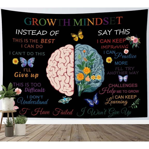 HVEST Classroom Growth Mindset Tapestry Wall Hanging Butterfly Floral Wildflower Wall Tapestry for Bedroom Inspirational Black Tapestry for Living Room College Dorm Home Decor,60x40 inch