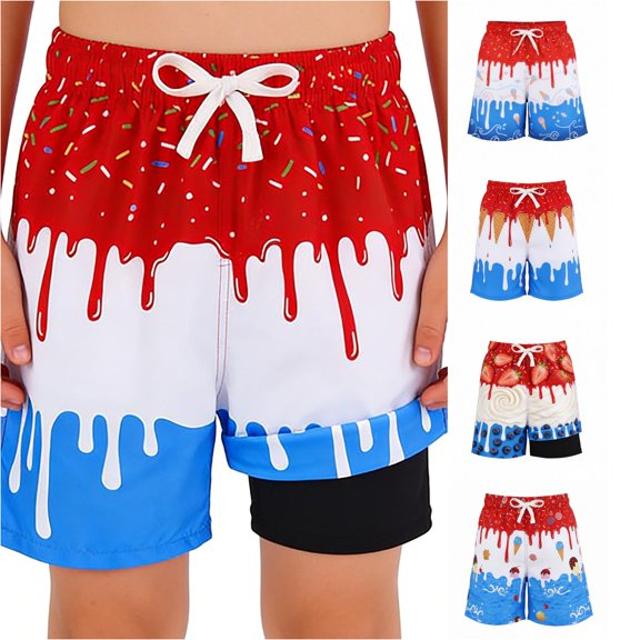 Bigetiay Boys Swim Trunks with Compression Liner Ice Print Swim Shorts Kids Beach Pool Water Play, Size 3-4 Years