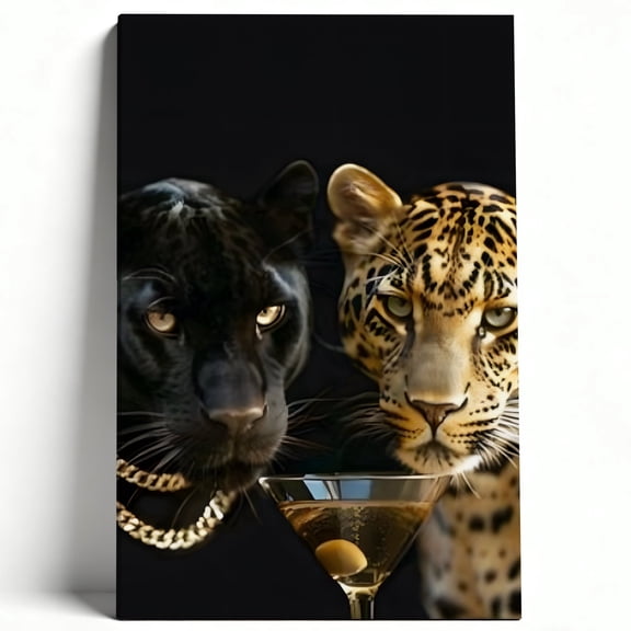 Black Panther & Leopard With Martini Canvas Wall Art, Luxury Wild Cat Gangster Decor, Bold Animal Meme Artwork For Bar, Living Room, Office, Ready To Hang 8*12inch(20*30cm)