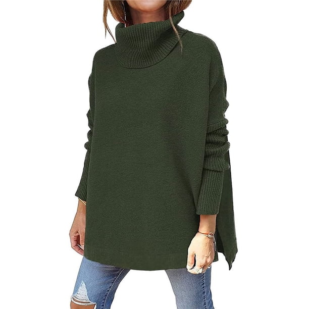 Suéteres de Cuello Alto de Gran Tamaño para Mujer, Larga de Murciélago, Dobladillo Abierto, Túnica, Suéter de Punto, Tops Verde XL