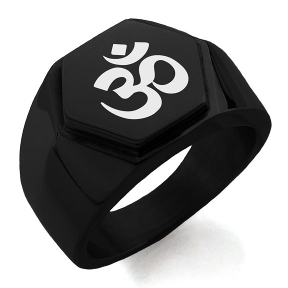 Stainless Steel Sacred Sanskrit Om Engraved Hexagon Crest Flat Top Biker Style Polished Ring