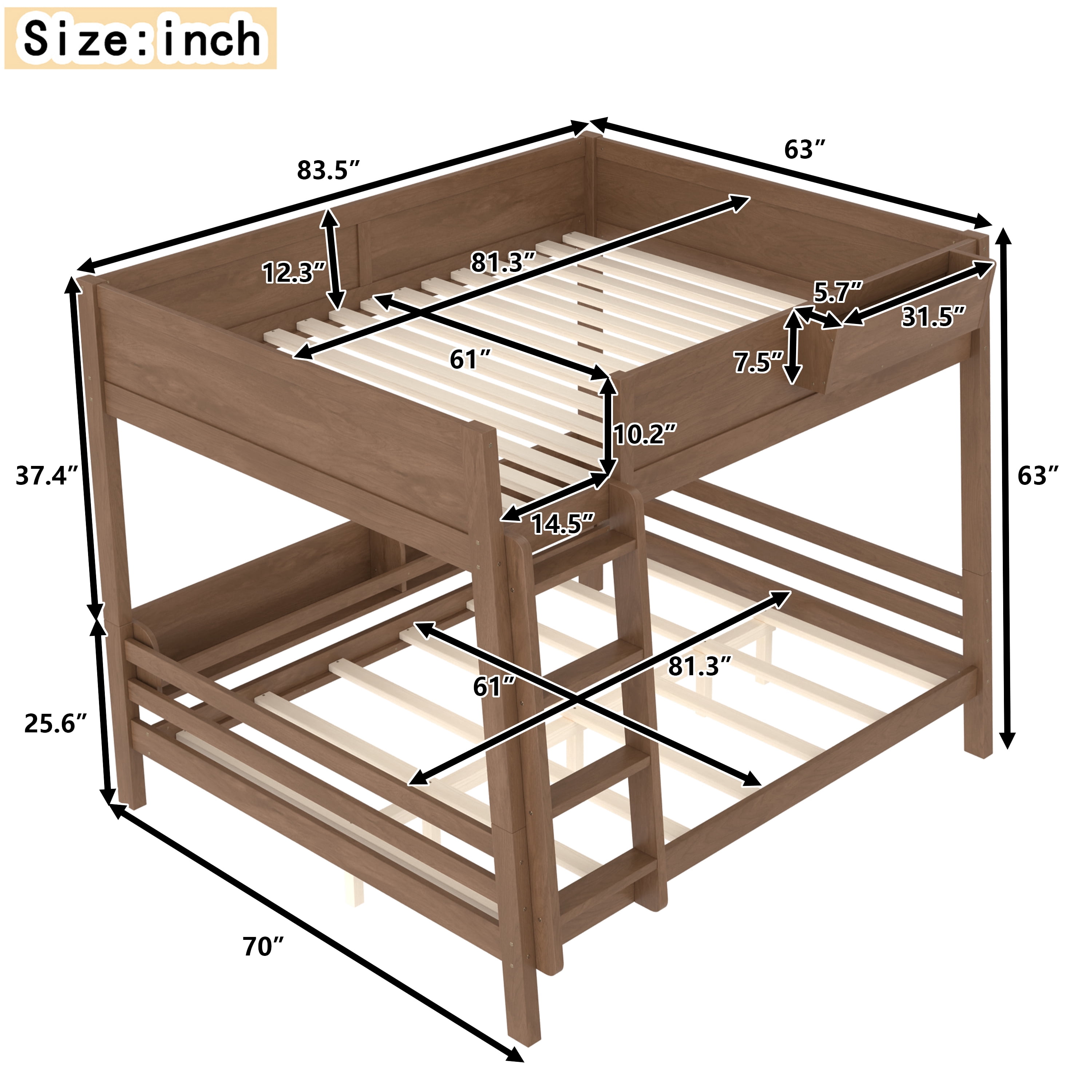 Mintazer Queen Over Queen Detachable Bunk Bed with Storage Shelf and Bookshelf, Modern Convertible Bunk Bed with Ladder and Guardrails for Bedroom Guest Room, Brown