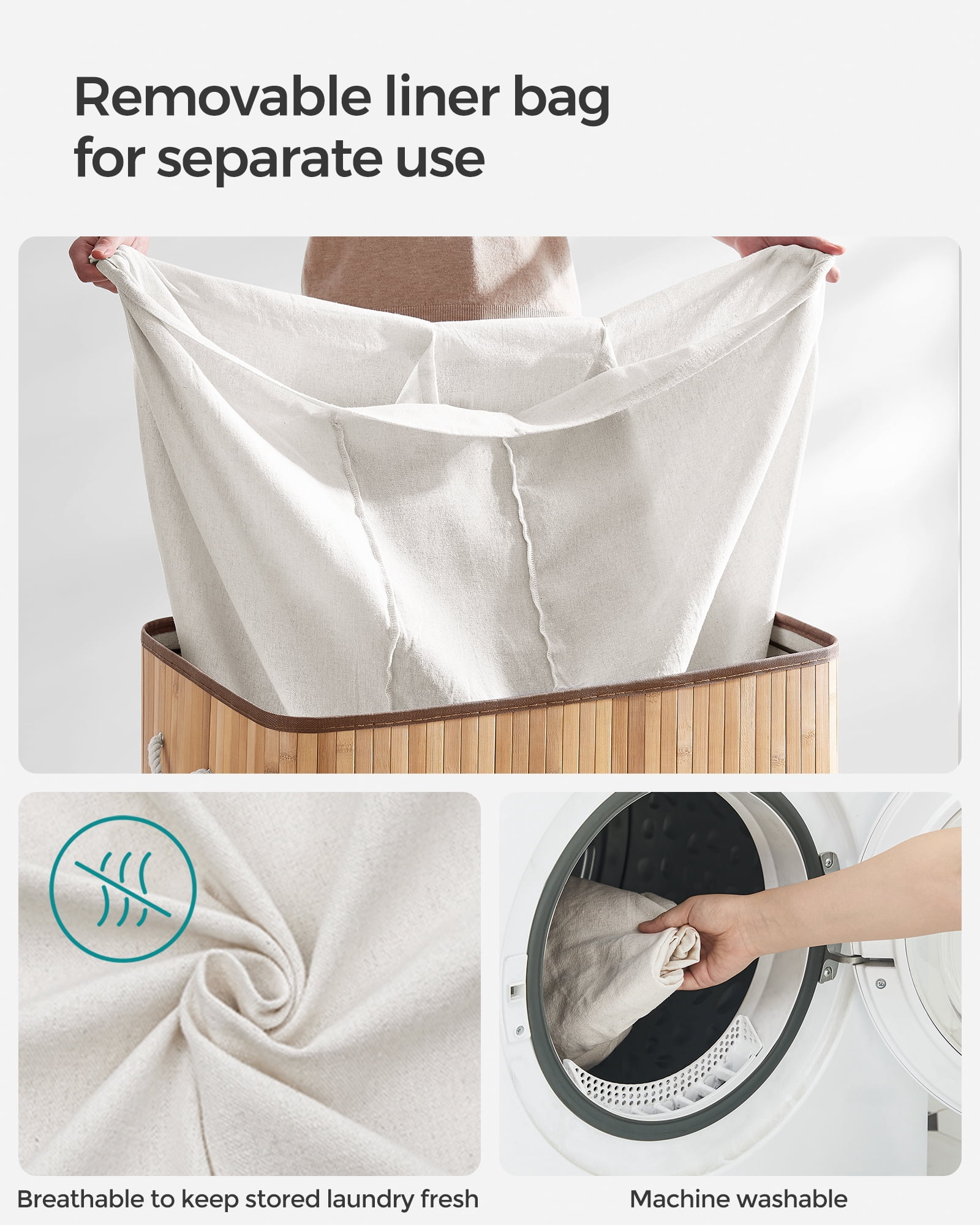 SONGMICS 39.6 Gallons Laundry Hamper, 3-Section Laundry Basket, Laundry Hamper with Lid, Bamboo, Foldable, Removable and Machine Washable Liner Natural