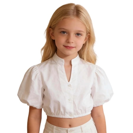 Gunia Girls White Blouse Solid Knit Base Layer Top Everyday Lightweight Tee Crop Tops Shirt 7-14 Years