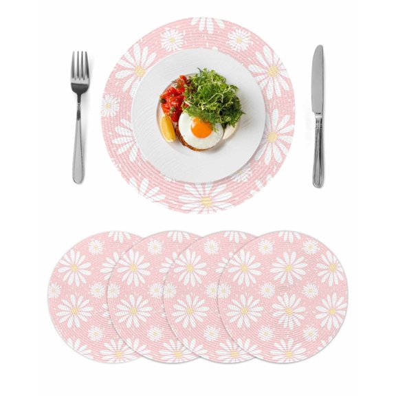 Pink Daisy Round 13 Inch Placemats Set of 4, Spring Floral Elegant Pastoral Botanical HeatResistant Non Slip Place Mats for Dining Table, Wipeable Braided Kitchen Table Mats for Housewarming