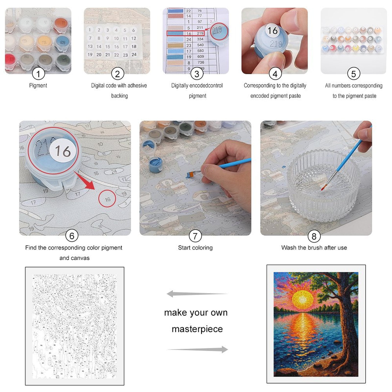 Paint by Numbers Kit for Adults, Sunset Over Water Mosaic Art Paint by Numbers, Easy Paint by Numbers Kit for Adults Beginner, DIY Adult Paint by Number Kits on Canvas, Home Decor