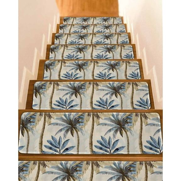 Navy Blue Palm Trees Stair Treads for Wooden Steps Indoor Runner Rug Carpet, Retro Summer Botanical Watercolor 4 Pieces Peel and Stick Staircase Step Treads Covers Washable Throw Door Mats, 30"x8"