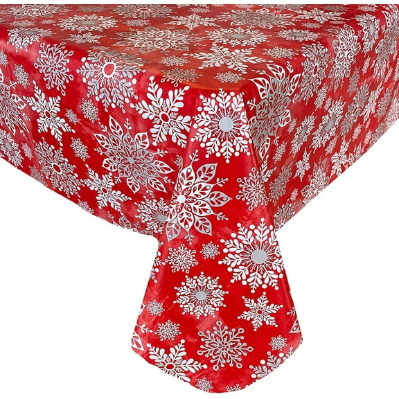 Newbridge Winter Sparkle Snowflake Red and Silver Gray Vinyl Flannel Backed Christmas Tablecloth, Red Glitter Snowflake Holiday Easy Care Vinyl Tablecloth, 52" x 52" Square