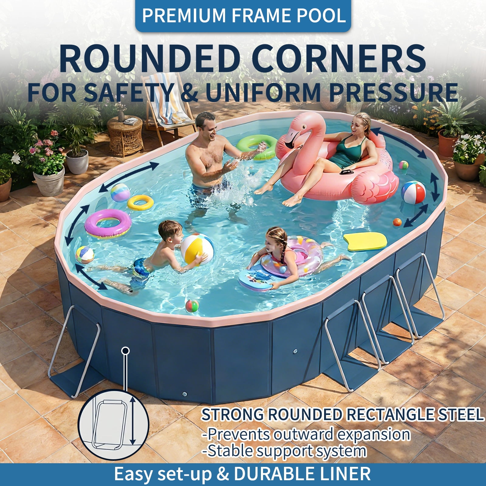 Liyufly Foldable Above Ground Swimming Pool, Metal Steel Frame Kiddie Pools with Canopy Sunshade for Backyard, Garden, Lawn for Adults, 105in