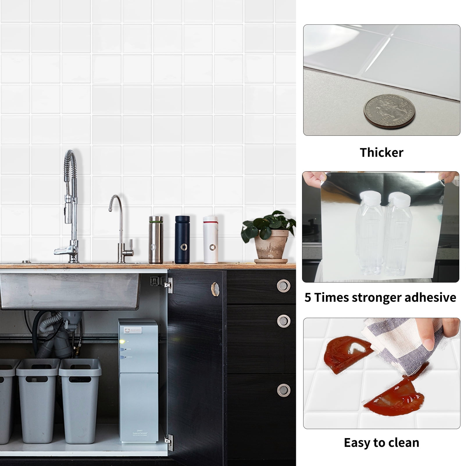 DEWOO Thick Square Kitchen Peel and Stick Backsplash Mosaic Tiles Square Self Adhesive Wall Tile Checkerboard Checkered Stickers,White (10-Sheet,12"x12")