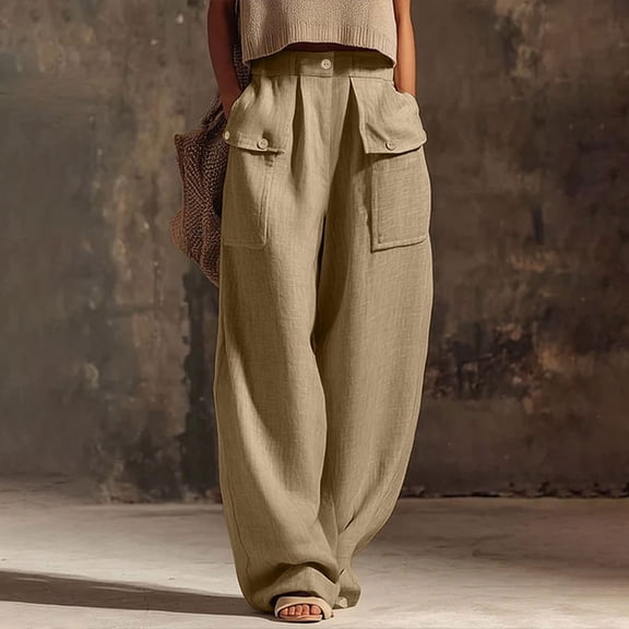 LEAVINGSUO Cargo Pants Women Casual Linen Wide Leg Pants with Pockets For Summer Long Pants Khaki S