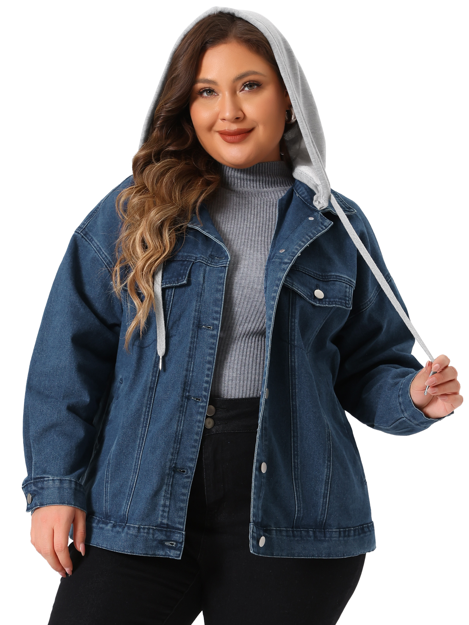 DARING DIVA Women's Plus Size Layered Drawstring Detachable Hoodie Denim Jacket 3X Blue
