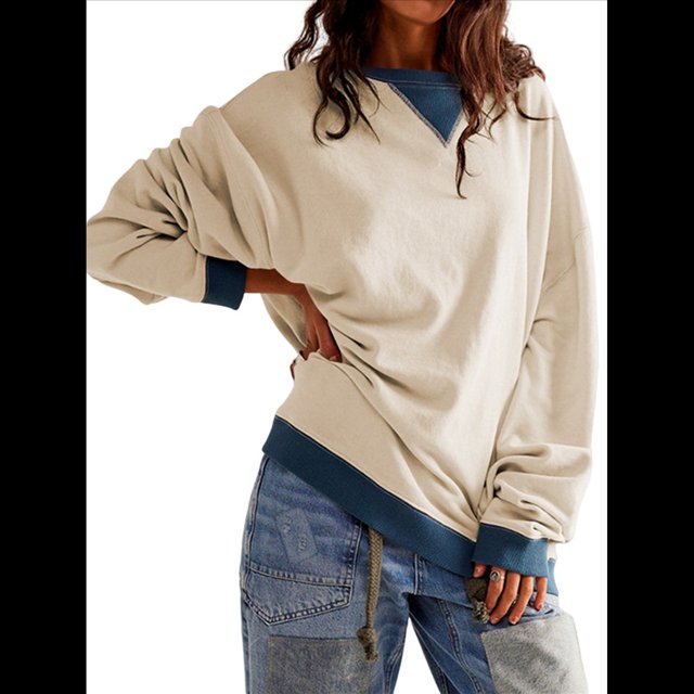 Sudaderas de Larga de Gran Tamaño para Mujer, Informales, con Cuello Redondo y Bloques de Color, Grandes Crema L