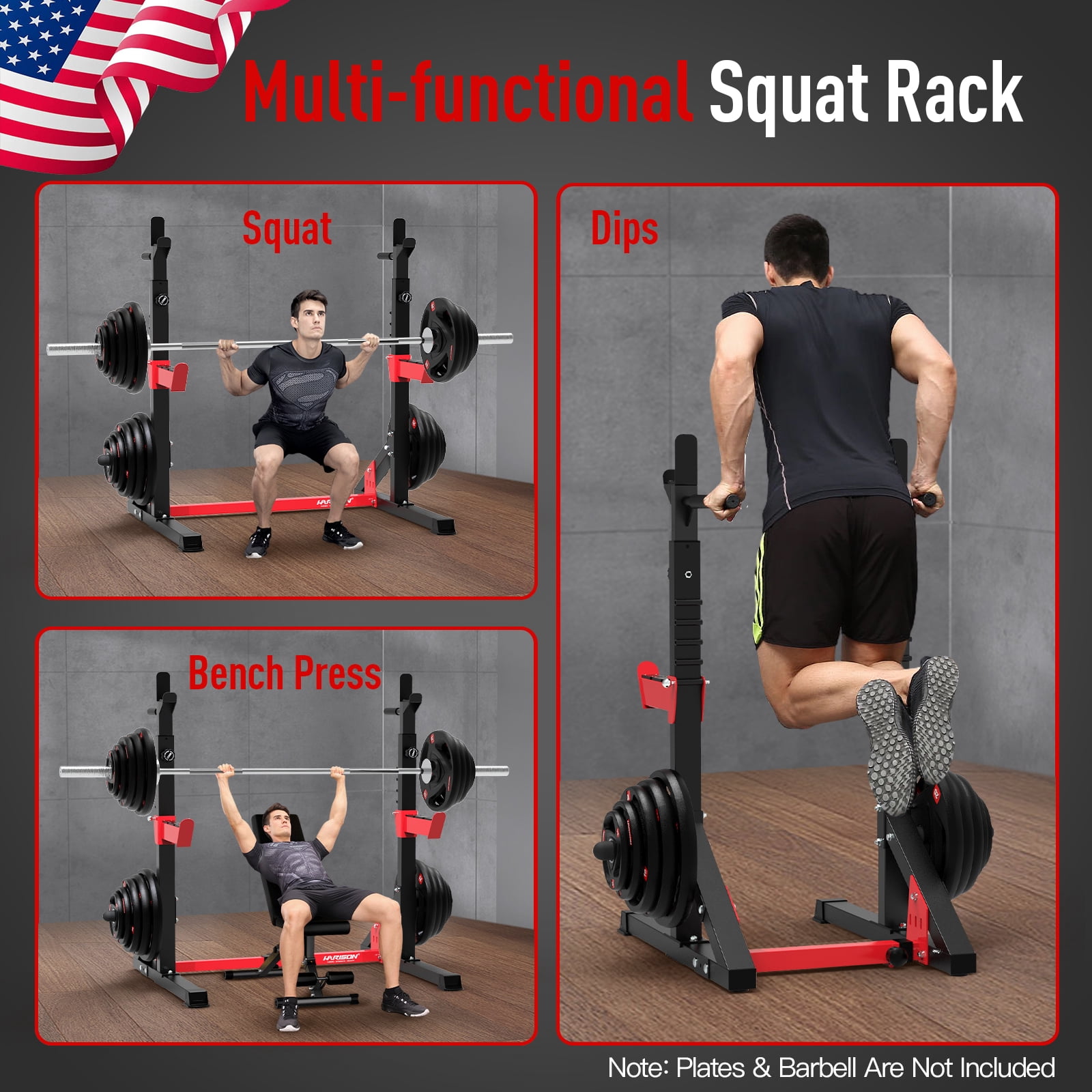 HARISON Adjustable Power Cage, Squat Rack for Home Gym with 650 LBS Capacity, Multifunction Bench Press Rack Stand Workout Equipment (Plates and Bars Not Included)