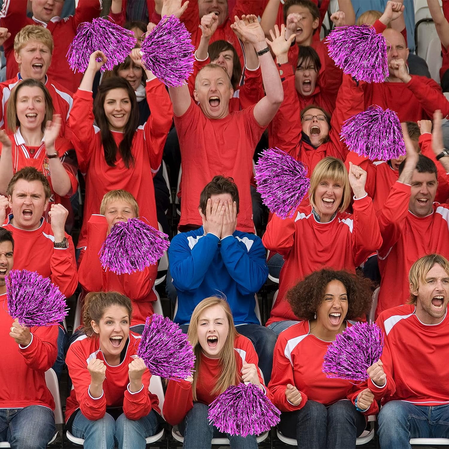 LINLIN 12Pcs Metallic Cheerleading Pom Poms with Cozy Handle, Adorable Cheerleader Pompoms Hand Flowers for Kids Adults Ball Dance Sports Team Spirit Cheering Fancy Dress Night Party