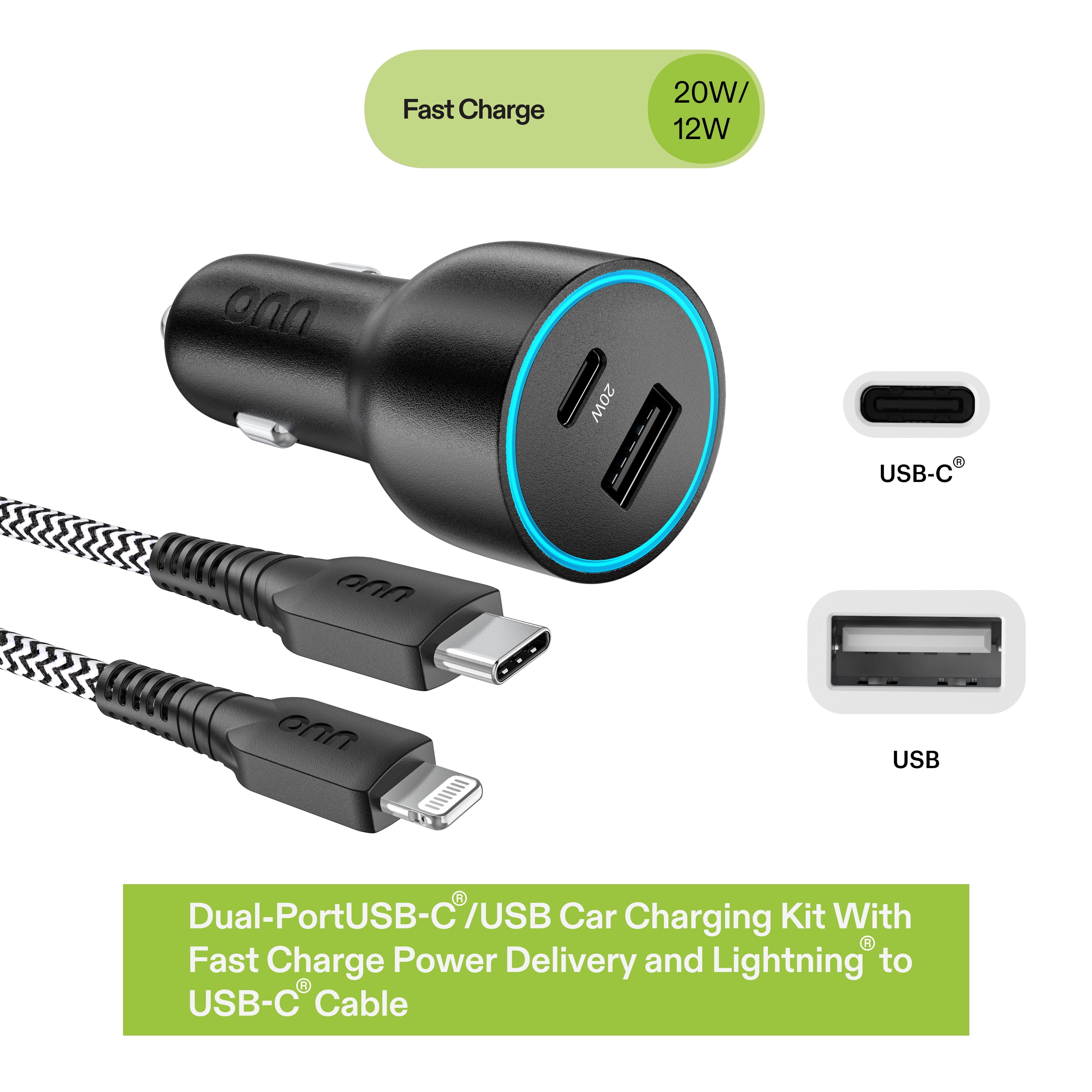 onn 32W Dual USB-C and USB-A Port Car Charger With 3ft C-Lighting Cable ,MFI & USB-IF Certified, Black - Compatible with iPhone 14/13/12/11/X/XR/XS/8/7/6/5, iPad, Airpods and more