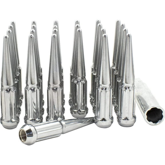 Wheel Accessories Parts Set of 24 Chrome Spiked Solid Metal Lug Nuts M12x1.5 Thread 4.4 Inch Tall Closed End Bulge Acorn Spike Lug Nut 1 Long Socket Key for Ford Bronco Toyota Tacoma 4Runner