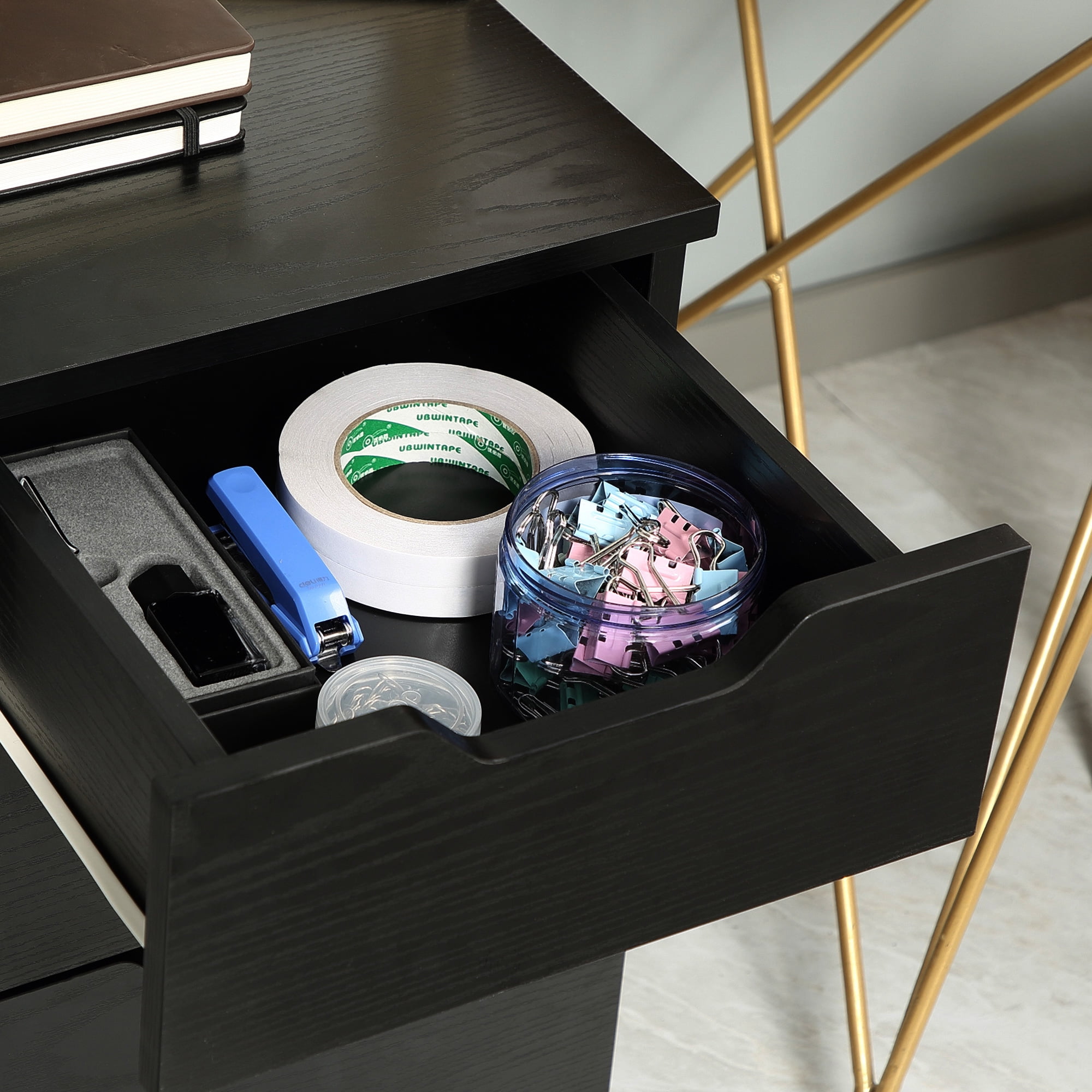 HOMCOM 3 Drawer Office Storage Cabinet, Under Desk Cabinet with Wheels, Black Wood Grain