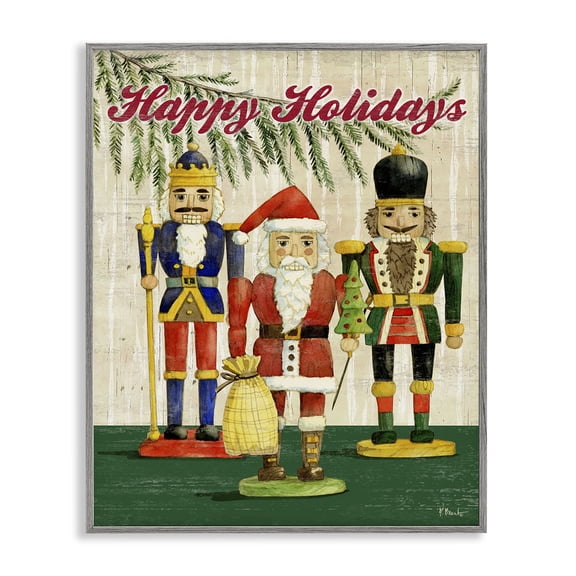 Stupell Industries Farmhouse Happy Holidays Nutcrackers Gray Framed Giclee Art, 11 x 14, by Paul Brent
