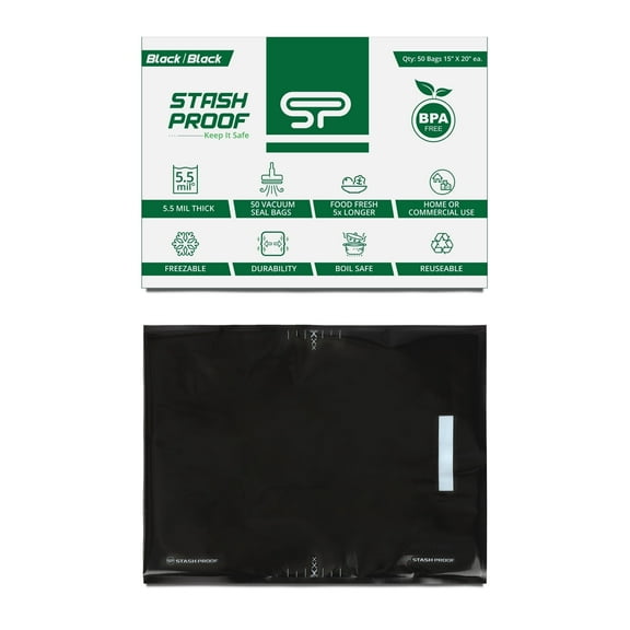 Stash Proof Vacuum Seal Bags 15" x 20" (50 Count) 5.5 Mil (Black and Black) - BPA Free Commercial Grade Food Saver for Storage, Sous Vide, and Meal Prep Sealer Bag