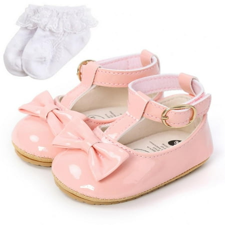 

Infant Baby Girls Soft Sole Bowknot Princess Wedding Dress Mary Jane Flats Prewalker Newborn Baby Sneaker Shoes with Socks 0-18M