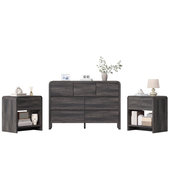 Amerlife 3-Piece Modern Bedroom Set with 7-Drawer Dresser and 2 Nightstands, Black