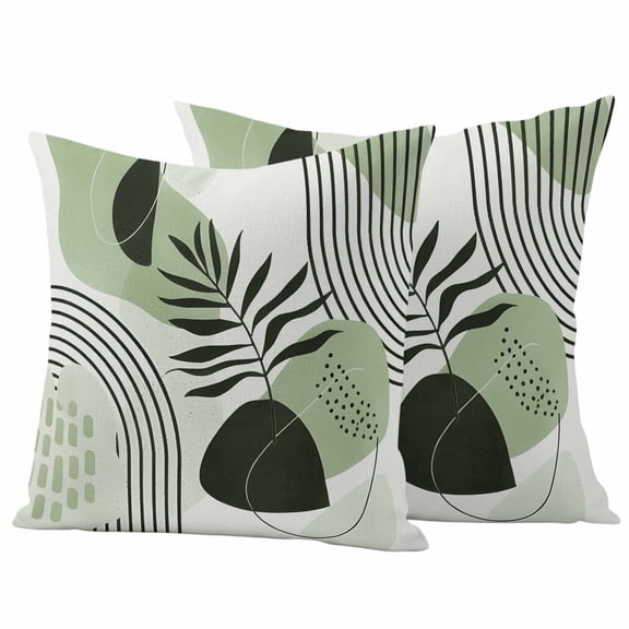 Boho Geometric Outdoor Waterproof Pillow Covers, Farmhouse Green Abstract Stripes Leaves Decorative Square Throw Pillowcase Sofa Cushion Sham for Patio/Couch/Chair, 16"x16" 2 Pack