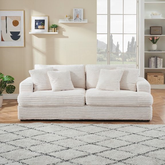 Spacious Corduroy 3 Seater Sofa with 4 Removable Pillows - White