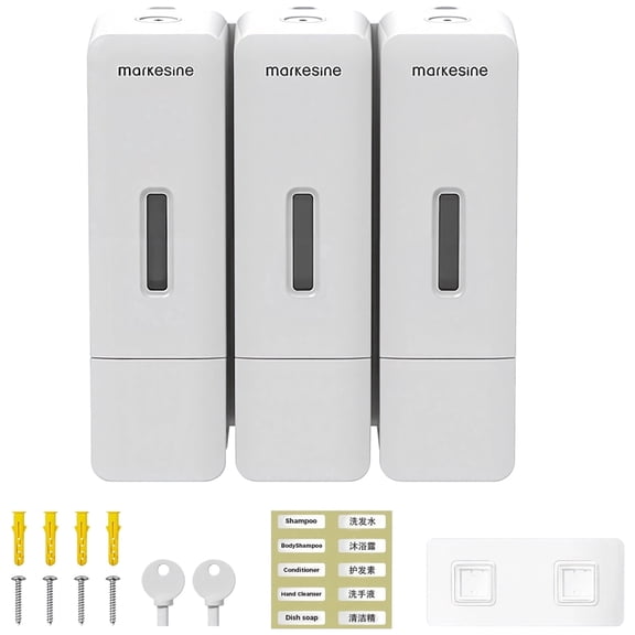 3 Chamber Shampoo And Conditioner Dispenser, Wall Mount Shower Dispenser, 3 x 300 ml, Drill-Free, Press Soap Dispenser for Bathroom, Hotel, Pearl White