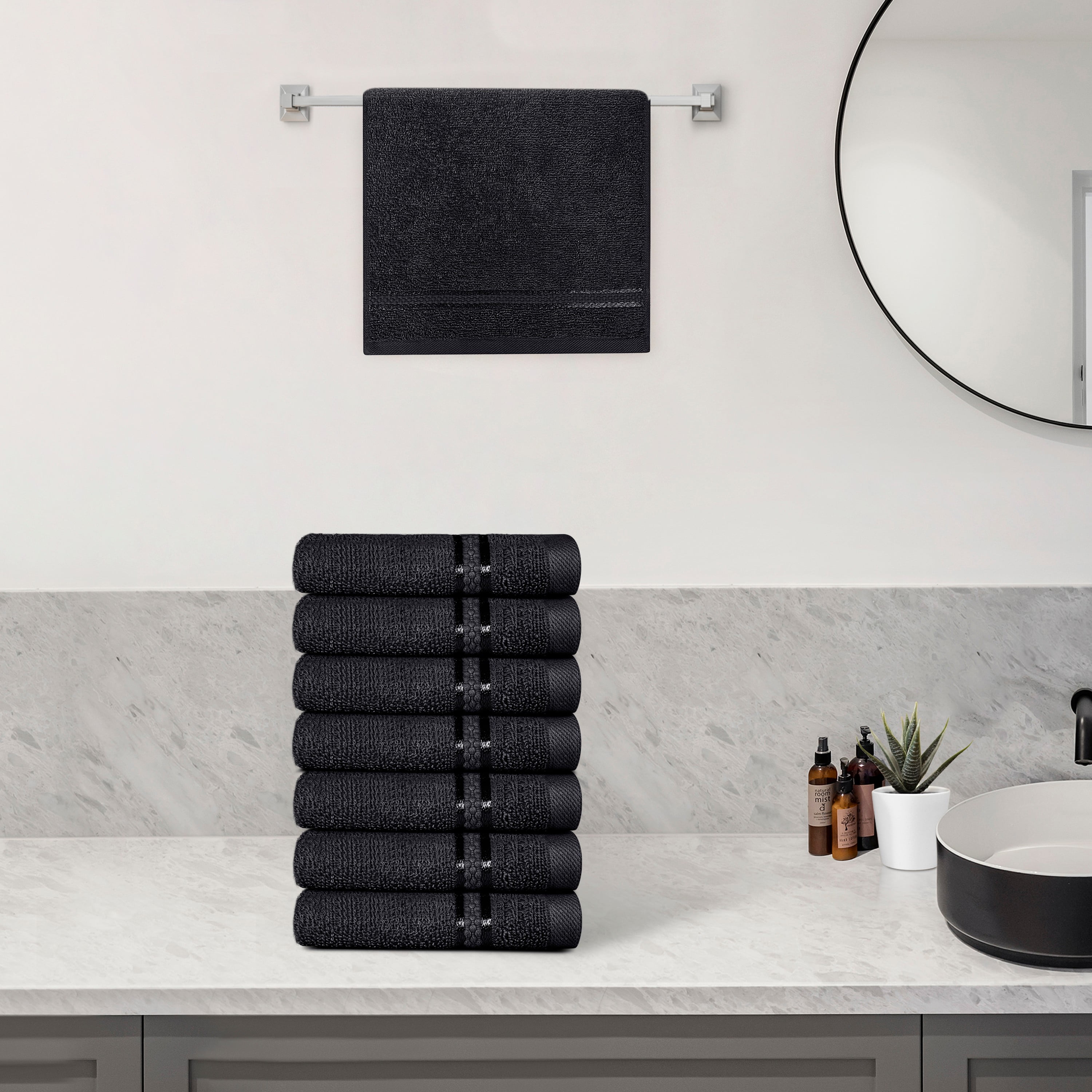 Dewall Maisons Elegant Black 8-Piece Cotton Washcloth Pack - Superior Soft And Absorbent, 12" x 12" Size - Perfect For Bathroom, Spa, Facial Care - Premium Hand And Face Towel Solution