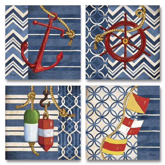 Anchor's Away! Coastal Anchor, Steering Wheel, Buoys, and Nautical Flags; Four 12x12in Prints
