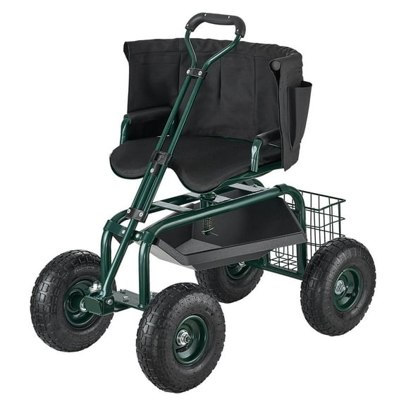 Dranite Swivel Seat Garden Cart - Rolling Toolbox Cart with Backrest & Extendable Handle