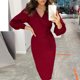 thumbnail image 4 of Moda mujer Color sólido elegante cinturón Delgado Color sólido manga larga vestido falda larga Pompotops qwe12617, 4 of 9