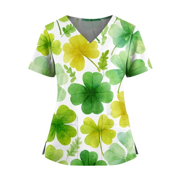 Shamrock Print Scrub Top for Women - St. Patrick's Day V-Neck Short Sleeve Medical Work Shirt with Pockets Green M