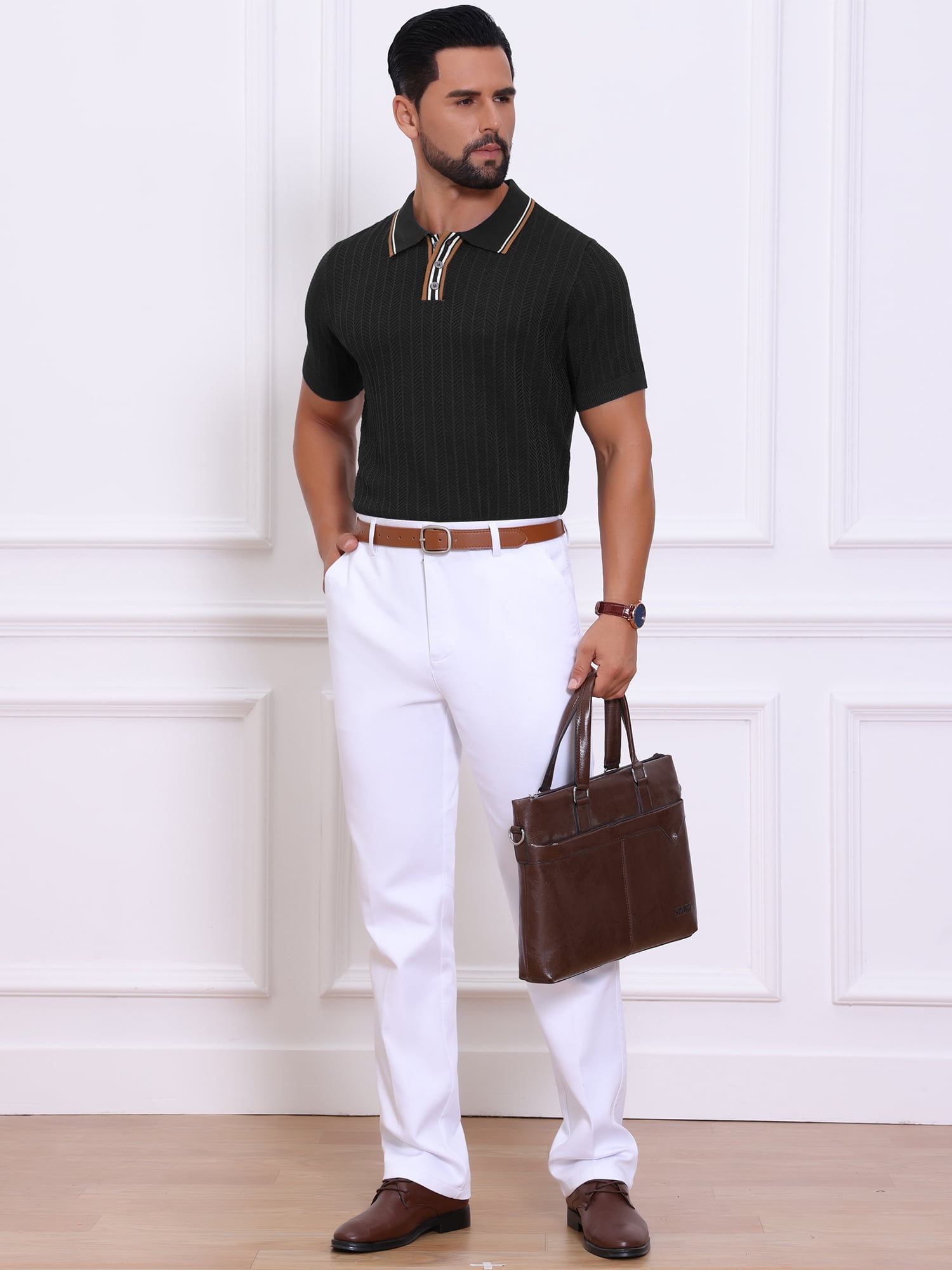 DARING DIVA Men's Knitted Ribbed Hem Short Sleeve Textured Golf Shirts XL Black